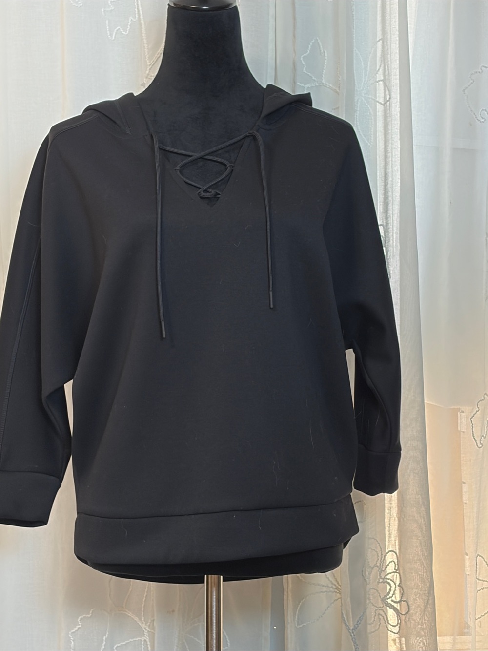 Avia Black Lace-Up Hooded Crewneck Sweater with Dolman sleeves M